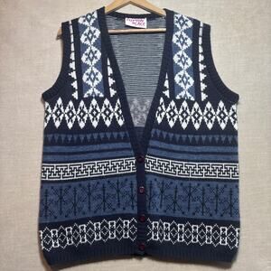Vtg Clifton Place Knit Vest L Nordic Fair Isle Grandpa Cozy Cabincore Blue White